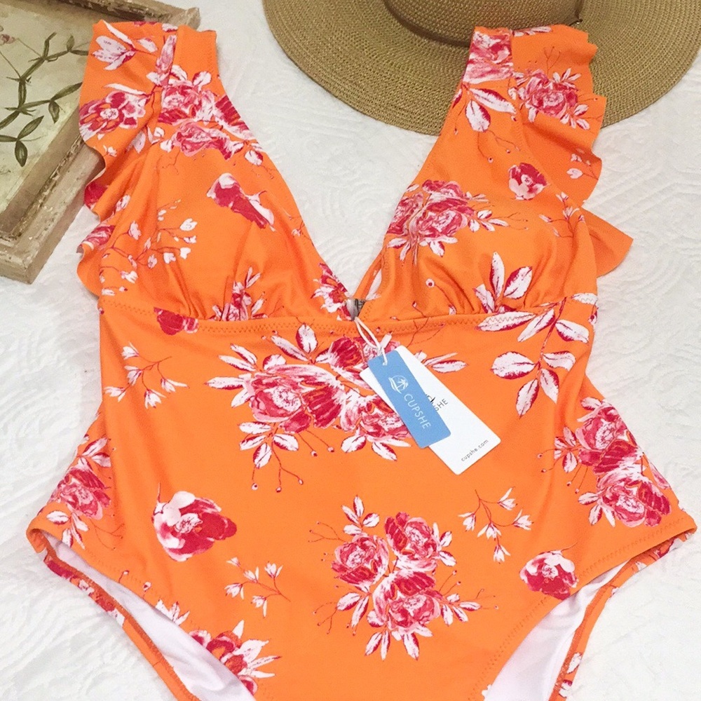 NWT Cupshe Orange Floral One Piece Swimsuit - Picture 3 of 13